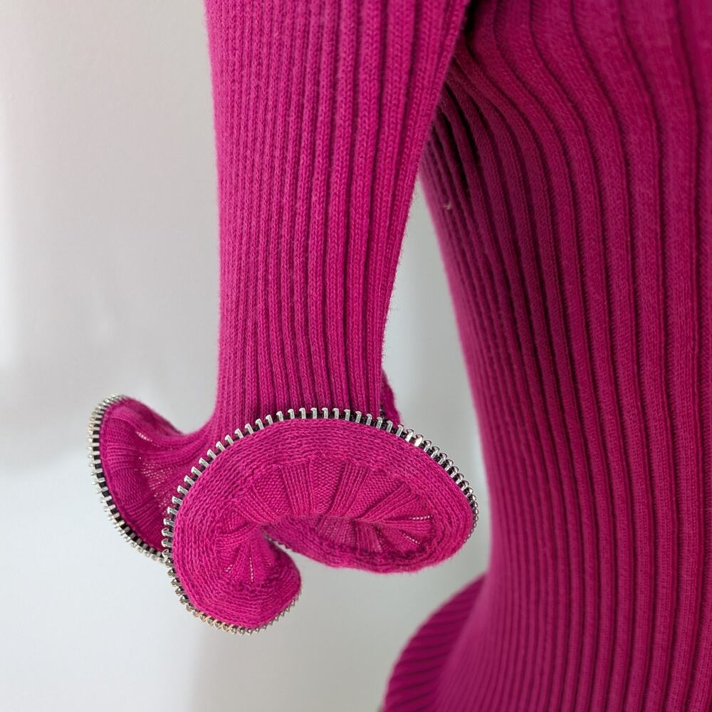 Alexander Wang Sweater Top M Pink Zipper Ruffle Ribbed Knit Short Sleeve Glam - Picture 2 of 13